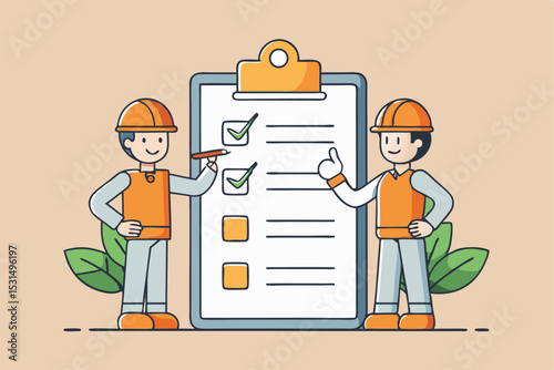 Construction team checklist success, worker collaboration, project task, safety helmet, industrial work, office cooperation, vector illustration.
