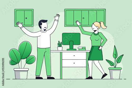 People opening cabinet in green office, workspace collaboration, team effort, professional environment, corporate organization, vector work, office activity.