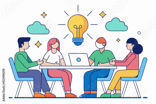 Creative team collaboration, people working with laptop, light bulb inspiration, cloud and star elements, innovative meeting, professional teamwork, vector idea.