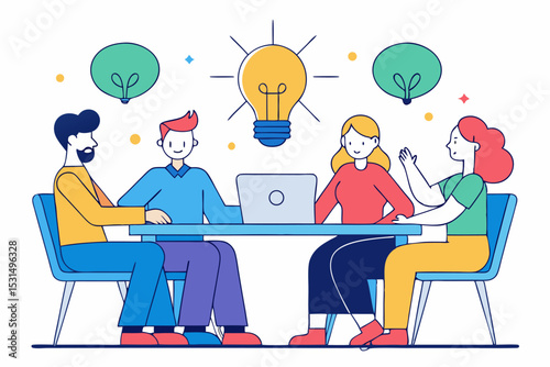 Innovative team discussion, people sharing ideas, light bulb and small bulbs, collaborative meeting, creative workshop, professional teamwork, vector inspiration.