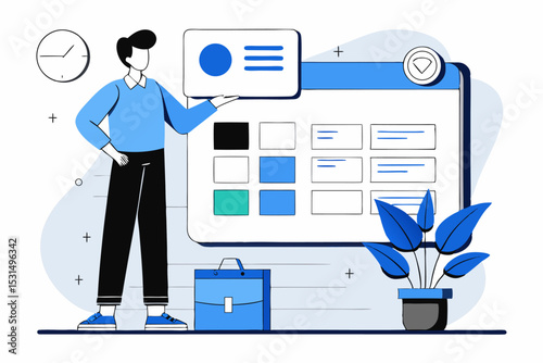 Person presenting calendar plan, schedule management, time clock and briefcase, professional organization, work planning, vector strategy, office activity.