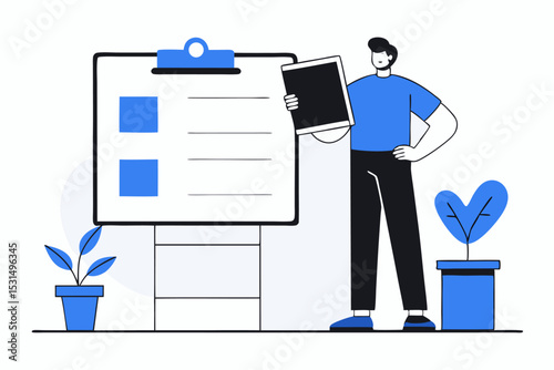 Person presenting clipboard content, work report, professional presentation, office activity, task management, vector strategy, corporate meeting.
