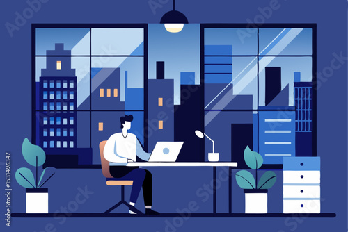 Night office work, person with laptop, city building background, professional focus, overtime effort, vector productivity, corporate dedication.