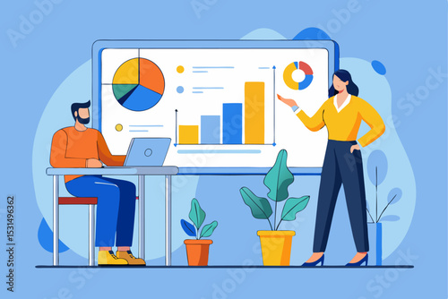 Team business report, woman presenting data graph, man with laptop, pie chart and bar graph, office collaboration, professional teamwork, vector insight.