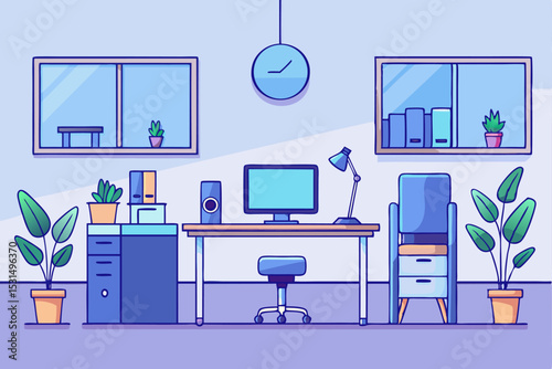 Minimalist office scene, desk with computer, plants and clock, professional workspace, vector interior, office environment, work setting.