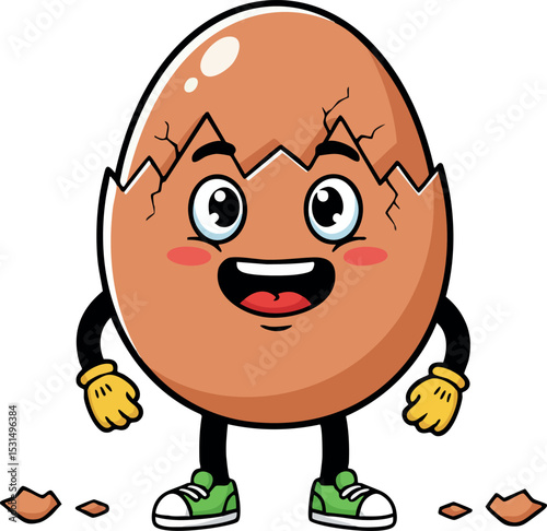 Happy cracked egg cartoon character with gloves and sneakers vector illustration 