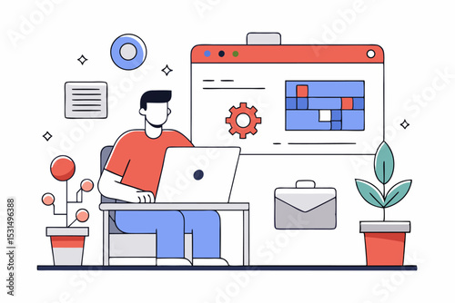 Person working with laptop, web page and gear background, briefcase element, professional task, vector activity, office work, digital project.