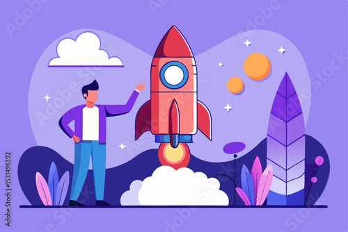 Person with launching rocket, project startup, business growth, cloud and star background, target element, vector innovation, entrepreneurial vision.