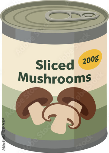 Sliced mushrooms canned food label illustration with green and beige colors vector 