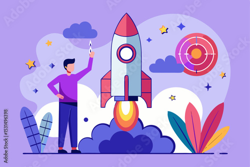Person with rocket, innovation breakthrough, business expansion, cloud and planet background, plant element, vector vision, entrepreneurial growth.