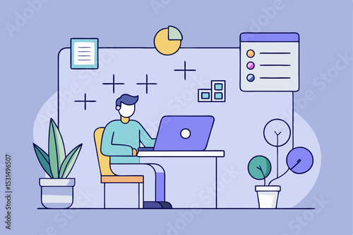 Simplistic creative workspace, person working on laptop, charts and plants, modern office environment, vector illustration of work task, organized desk, professional focus, innovative work style.