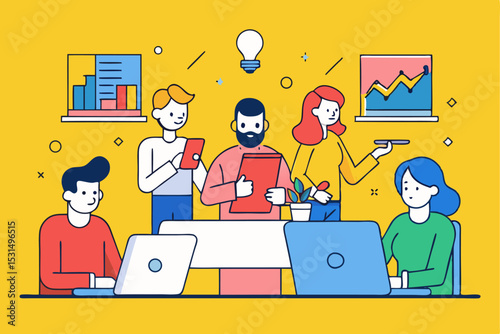 Teamwork office collaboration, group working on project, charts and light bulb, creative discussion scene, vector illustration of business idea, professional meeting, team success