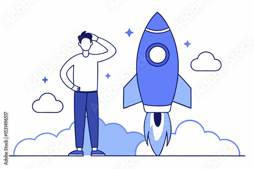 Startup breakthrough concept, person thinking about rocket launch, innovation and ambition, business idea scene, vector illustration of entrepreneurial dream, professional vision, growth opportunity