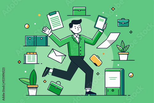 Busy office multitask concept, person surrounded by documents, productivity and challenge, work overload scene, vector illustration of professional effort, organized chaos, career task