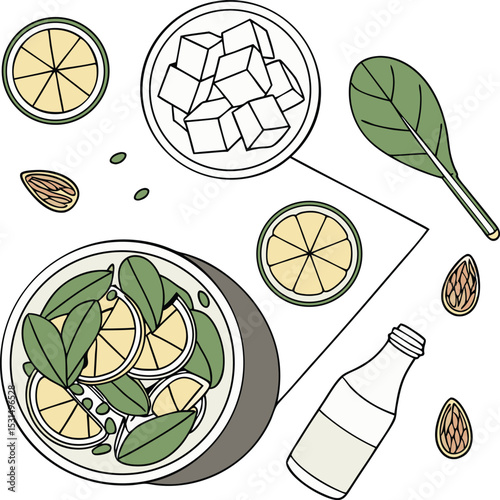 fresh organic salad with lemon leaves and ingredients