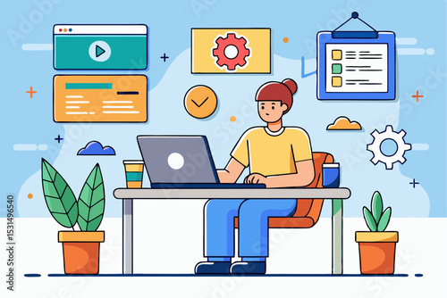 Creative office workspace, person working on laptop, plants and documents, modern work environment, vector illustration of focused task, organized desk setup, professional productivity