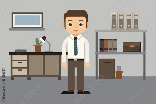 Modern office scene, cartoon person in formal attire, bookshelf and documents, professional workspace, vector illustration of corporate work environment, organized office setup, career task