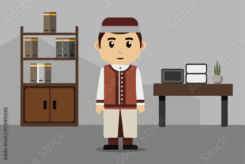 Vintage office scene, cartoon person in traditional attire, bookshelf and documents, professional workspace, vector illustration of classic work environment, organized office setup