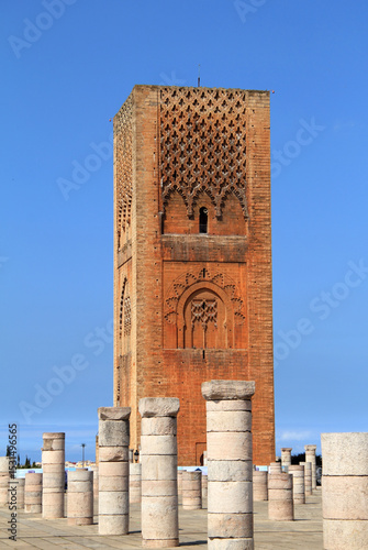 Hassan Tower - the unfinished mosque and stone columns. Made of red sandstone, important historical building and tourist icon in Rabat, Morocco.
