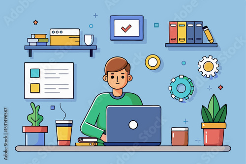 Tech office workspace, person working on laptop, digital interfaces and plants, modern productivity scene, vector illustration of creative task, organized desk, professional efficiency, innovative