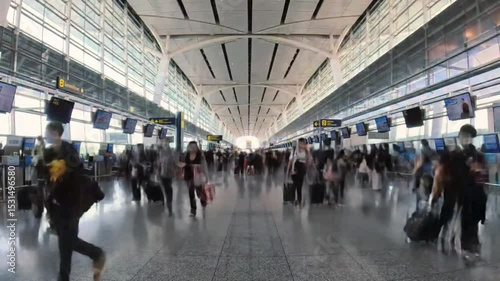 Busy airport terminal timelapse with a crowd of passengers wearing masks and pulling luggage