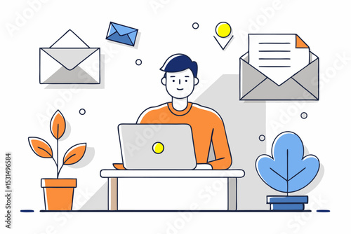 Office email management, person working on laptop, envelopes and plants, modern work environment, vector illustration of communication task, organized desk setup