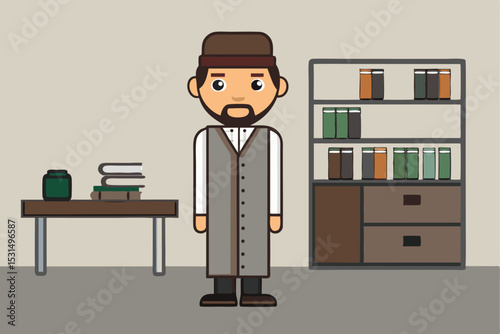 Traditional office scene, cartoon person in cultural attire, bookshelf and documents, professional workspace, vector illustration of cultural work environment, organized office setup