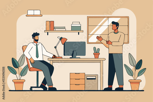 Creative office discussion, two people sharing ideas, plants and computer, professional communication, vector illustration of innovative task, organized desk setup, career collaboration