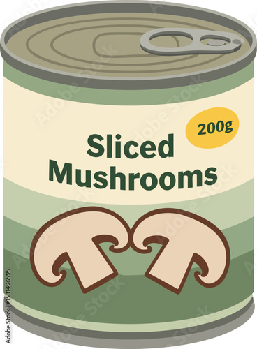 Sliced mushrooms canned food tin with green label vector illustration for cooking and recipes 