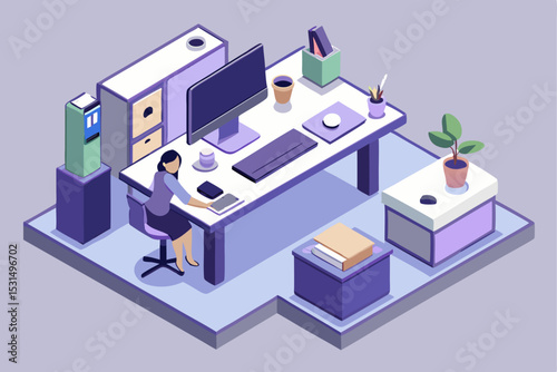 Minimalist office workspace, person working at desk, plants and file cabinet, modern work environment, vector illustration of productive task, career efficiency, clean office style, focus on work.