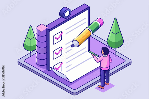 Digital task management, person checking checklist on tablet, trees and pencil, modern workflow, vector illustration of successful task, career organization, digital office style, focus on efficiency.