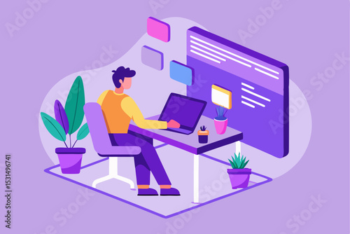 Innovative office workspace, person working at desk, plants and screen, modern work environment, vector illustration of productive task, career efficiency, creative office style, focus on work.