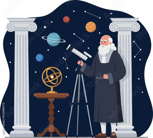 Ancient Astronomer Observing Planets Through Telescope in Classical Setting Vector Illustration 