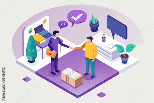 Business partnership handshake, two people sealing deal, chat bubbles and plants, professional agreement, vector illustration of successful task, career cooperation, modern office style, focus on part