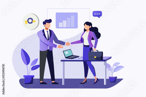 Office partnership handshake, two people completing deal, charts and plants, professional agreement, vector illustration of successful task, career cooperation, modern office style, partnership