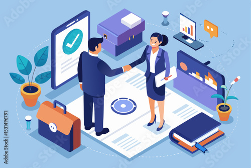 Digital partnership handshake, two people finalizing deal, phone and charts, professional agreement, vector illustration of successful task, career cooperation, modern office style,  partnership
