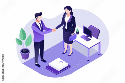 Professional partnership handshake, two people sealing agreement, plants and laptop, career cooperation, vector illustration of successful task, modern office style, focus on partnership, work achieve