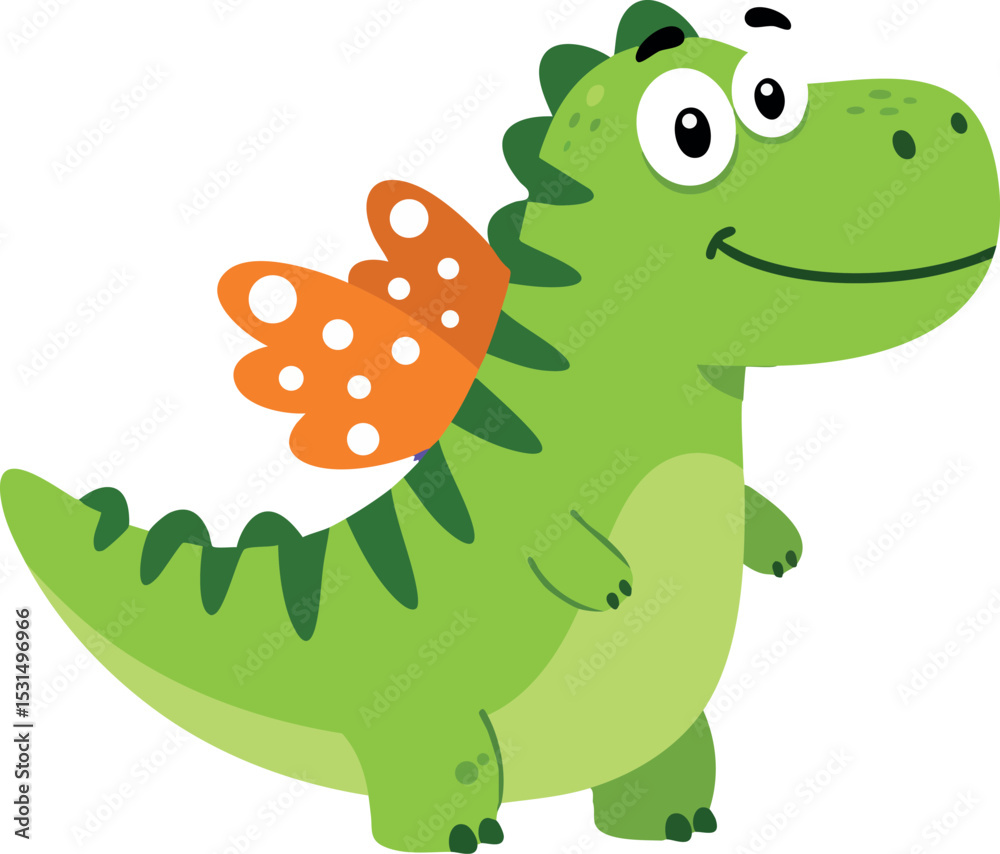 Fototapeta premium Cute green cartoon dinosaur with orange wings vector illustration for children and fun designs 
