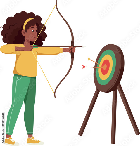 Girl practicing archery with bow and arrow aiming at colorful target board vector illustration 