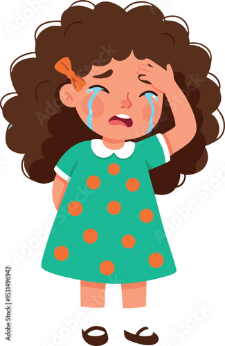 Crying little girl with curly hair in green polka dot dress expressing sadness vector illustration 