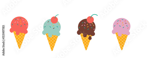 Ice cream in waffle cones. Chocolate, strawberry, orange, Mint, pistachio, blueberry. Summer food vector illustration.