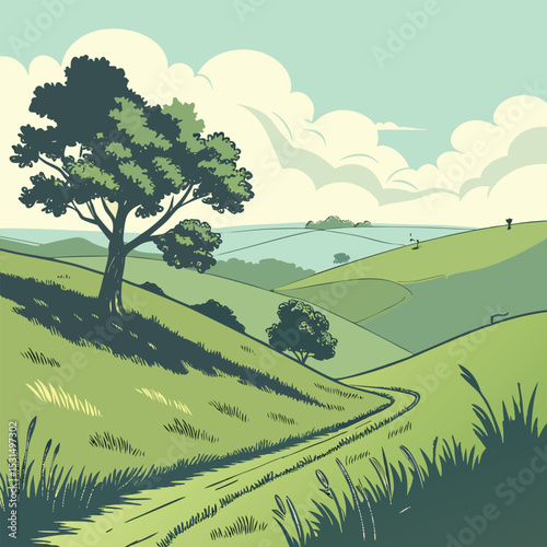 flat vector landscape rolling green hills under
