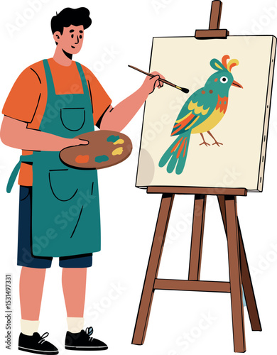 Male artist painting colorful bird on canvas with easel and palette vector illustration 