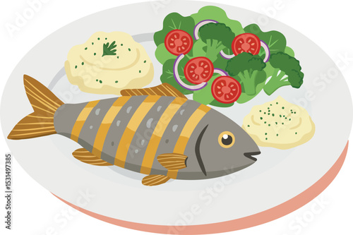 Grilled Fish with Mashed Potatoes and Fresh Salad Plate Vector Illustration 