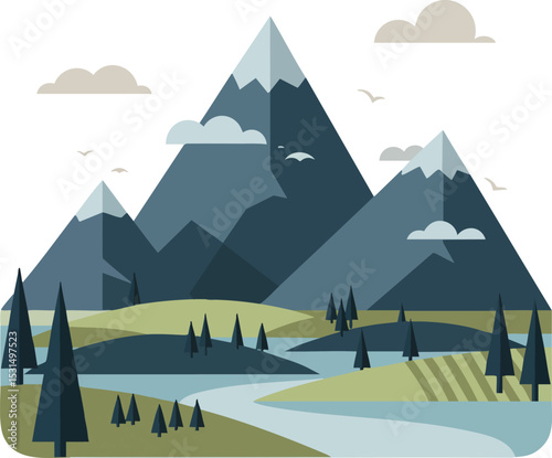 Mountain landscape with river and pine trees in calm natural scenery vector illustration 