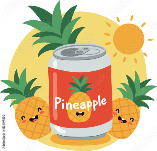 Pineapple soda can with happy pineapple fruit characters and sunny background vector illustration 