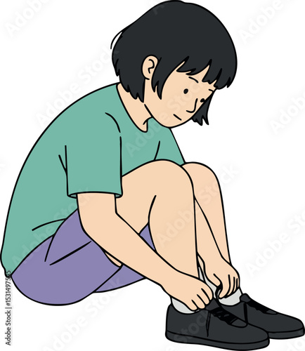 Child tying shoelaces sitting on floor with green shirt and purple shorts vector illustration 