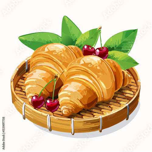 Two golden croissants and ripe cherries rest on a rustic bamboo tray, garnished with fresh green leaves.