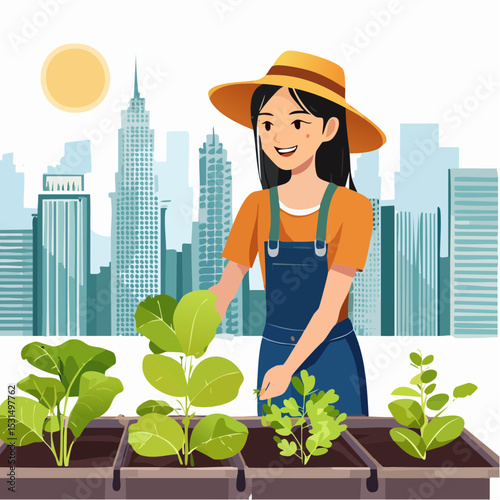 A woman wearing a hat tending to her rooftop garden with city skyscrapers in the background.
