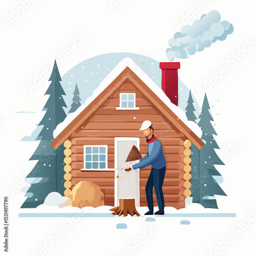 A man chopping wood outside a snowy log cabin in a winter forest.